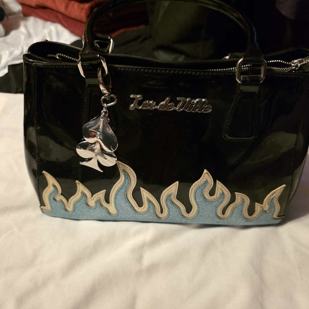 Lux de Ville Black Patent Satchel with Blue Flame Accent